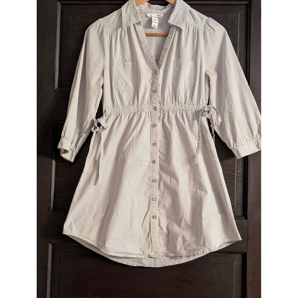 H&M Beige White Striped Button Front Shirt Dress Elastic Waist Size 6